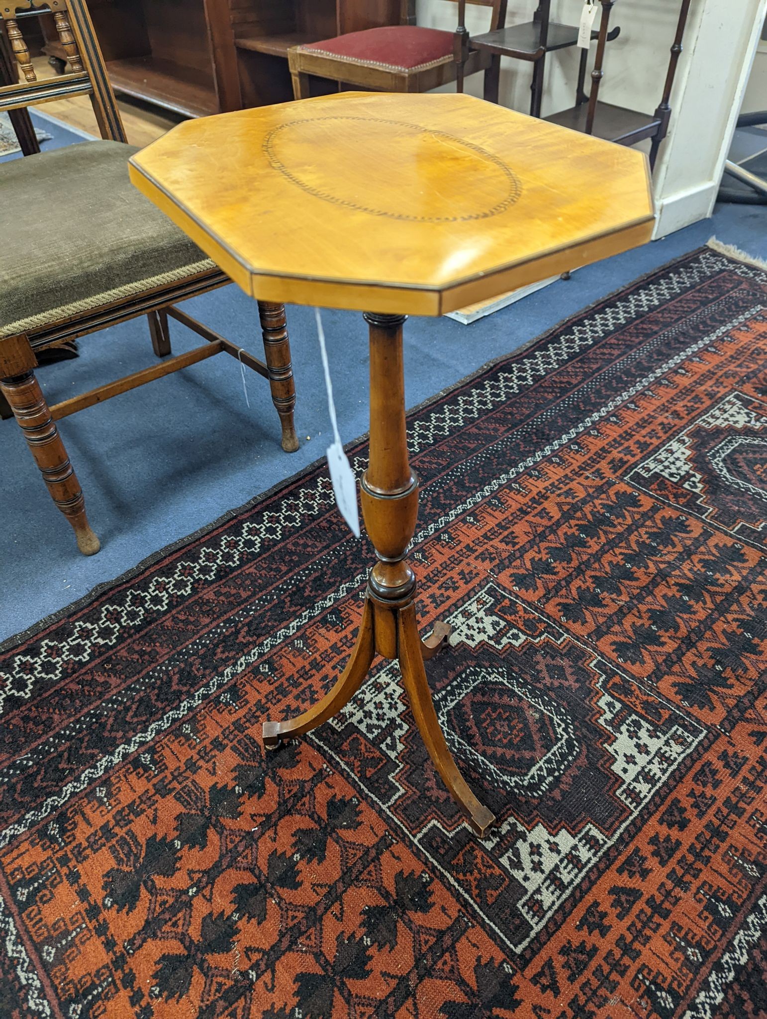 A Sheraton revival satinwood tripod table, with inlaid octagonal top, width 30cm depth 26cm height 68cm